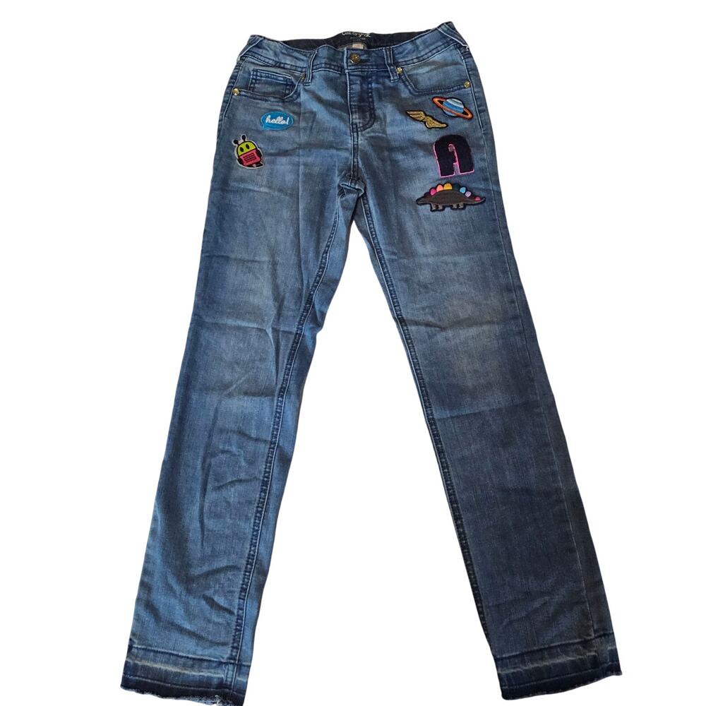 Cat & Jack Super Skinny Jeans Medium Blue w/Patches & Unfinished Hem 12 2409